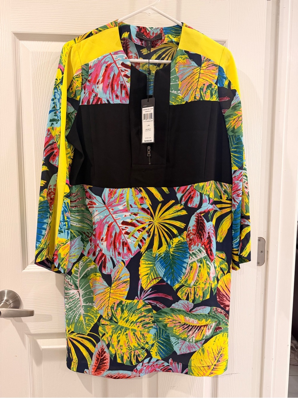 BCBGMaxAzria Dress with Multicolor Tropical Leaf Print and Yellow Panels